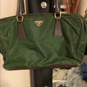 Prada Forest Green Nylon Handbag with Dark Brown Accents